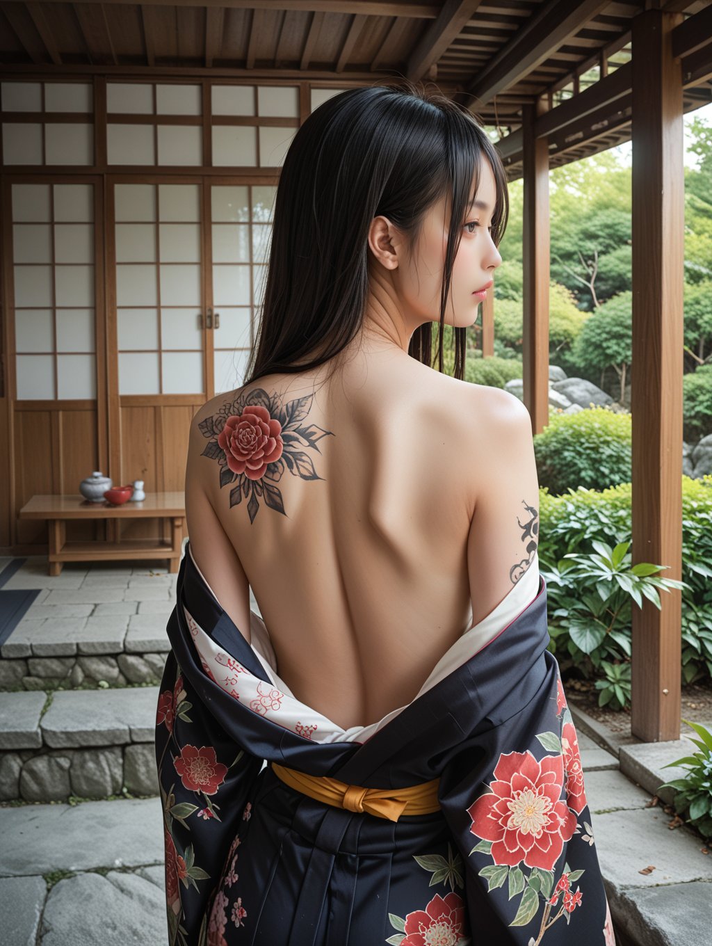 score_9, score_8_up, score_7_up, 1girl, girl, black long hair, kimono, back exposed. small chest, detailed yakuza tattoo on back, in a japanese garden,