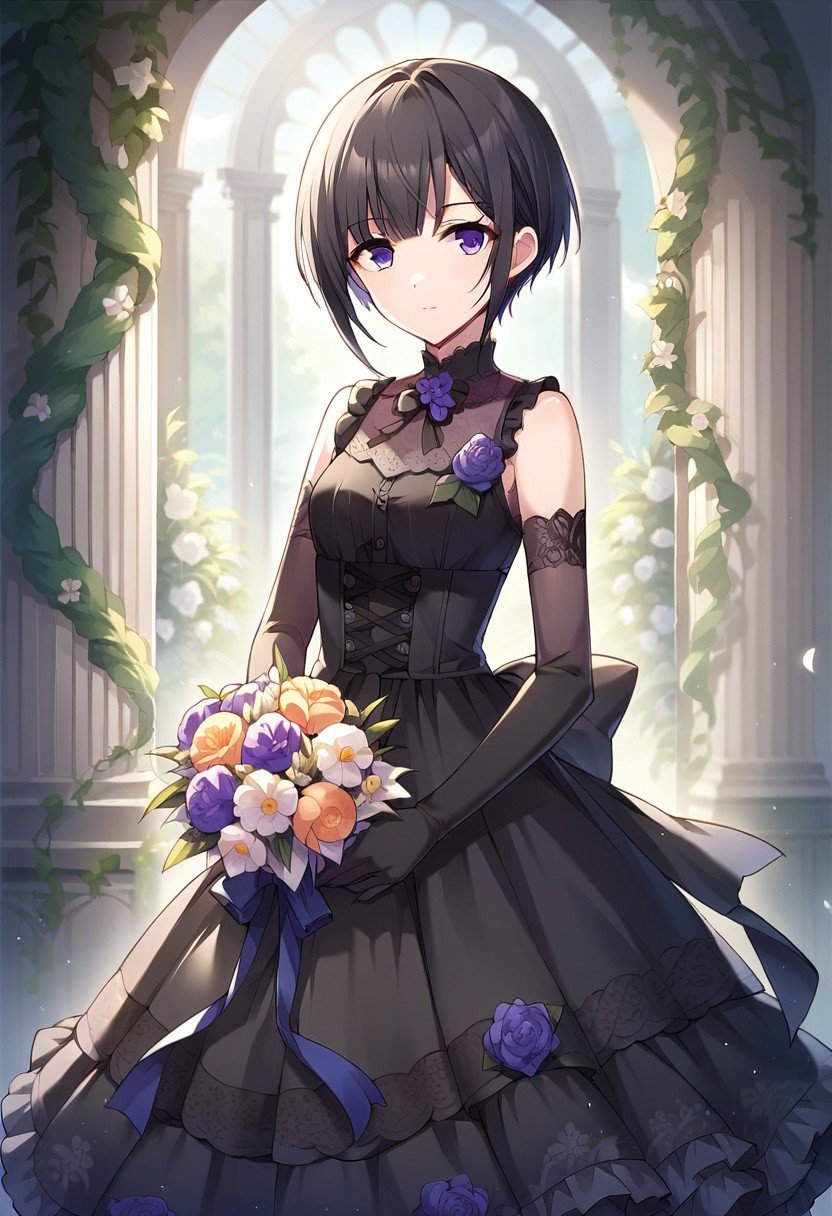 score_9, score_8_up, score_7_up, source_anime, shirayuki chiyo, black hair, purple eyes, short hair, dress, 1girl, flower, gloves, elbow gloves, solo, black dress, sleeveless dress, black gloves, bouquet