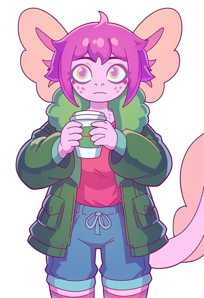 (score_9, score_8_up:1.1), score_7_up,1girl, solo, looking at viewer, short hair, simple background, shirt, long sleeves, white background, holding, closed mouth, green eyes, standing, jacket, tail, pink hair, purple hair, open clothes, shorts, socks, pink eyes, cup, :3, feet out of frame, colored skin, red shirt, holding cup, freckles, blue shorts, green jacket, purple skin, pink skin, striped socks