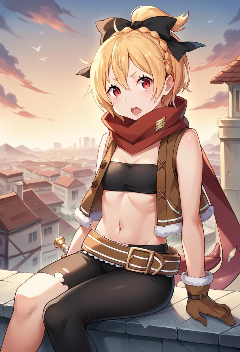 score_9, score_8_up, score_7_up, source_anime, masterpiece, 1girl, feltzero, bandeau, single leg leggings, uneven legwear, brown vest, fur-trimmed gloves, fur trim, red scarf, belt, looking at viewer, cowboy shot, <lora:FeltPONYXLct:0.8>, dagger, open mouth, city, sky, roof, sitting,