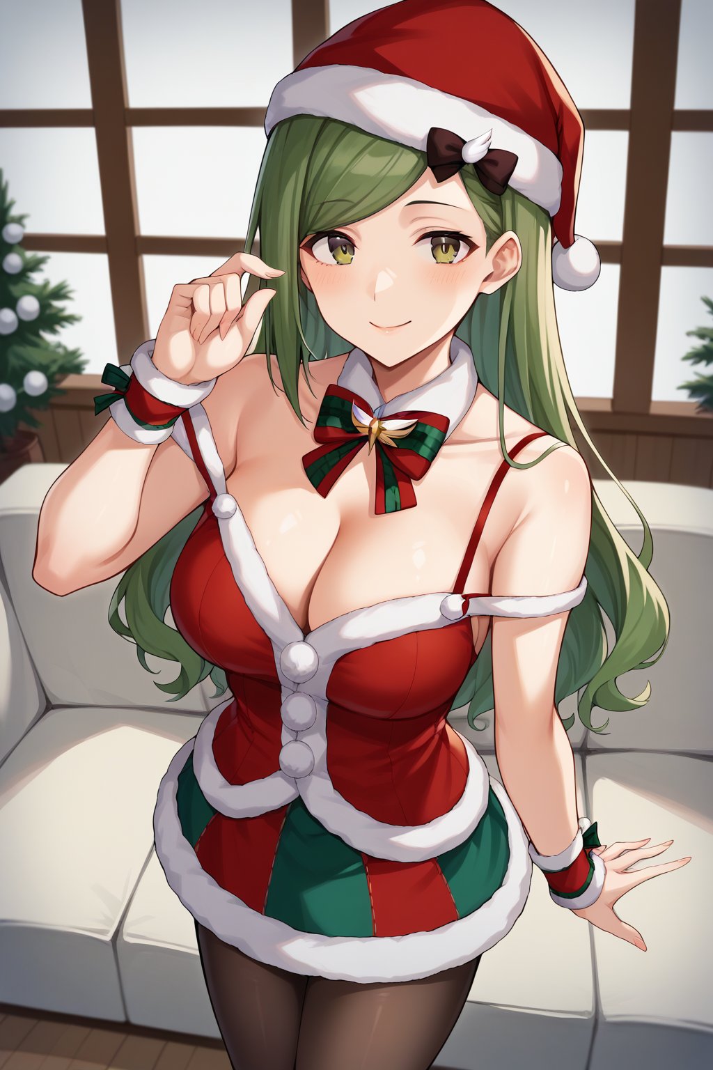 score_9, score_8_up, score_7_up, source_anime, hazukinanakusa, green hair, long hair, swept bangs, green eyes, large breasts, santa costume, santa hat, fur trim, bare shoulders, off shoulder, strap slip, multicolored skirt, red bowtie, green bowtie, multicolored bow, wrist cuffs, pantyhose, looking at viewer, smile, cowboy shot, couch, office,  <lora:nanakusa_hazuki_XL:0.9>