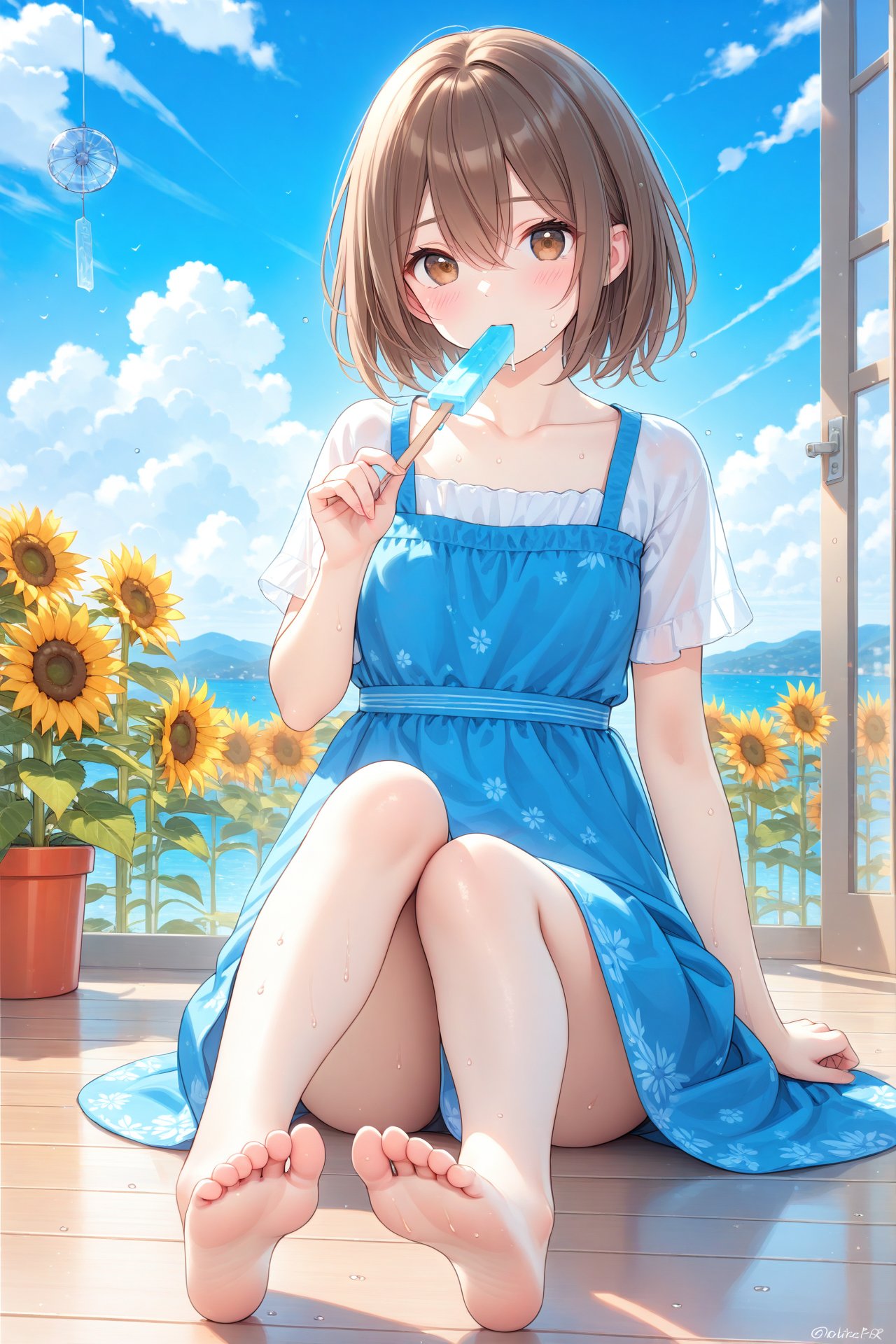 (masterpiece),(best quality),illustration,ultra detailed,hdr,Depth of field,(colorful),1girl,solo,barefoot,brown hair,summer,cloud,brown eyes,sitting,dress,food,mouth hold,day,sky,soles,short hair,wind chime,short sleeves,electric fan,feet,blue dress,hair between eyes,bangs,blush,flower,blue sky,indoors,popsicle,toes,twitter username,on floor,looking at viewer,collarbone,sweat,sunflower,cloudy sky,towel,