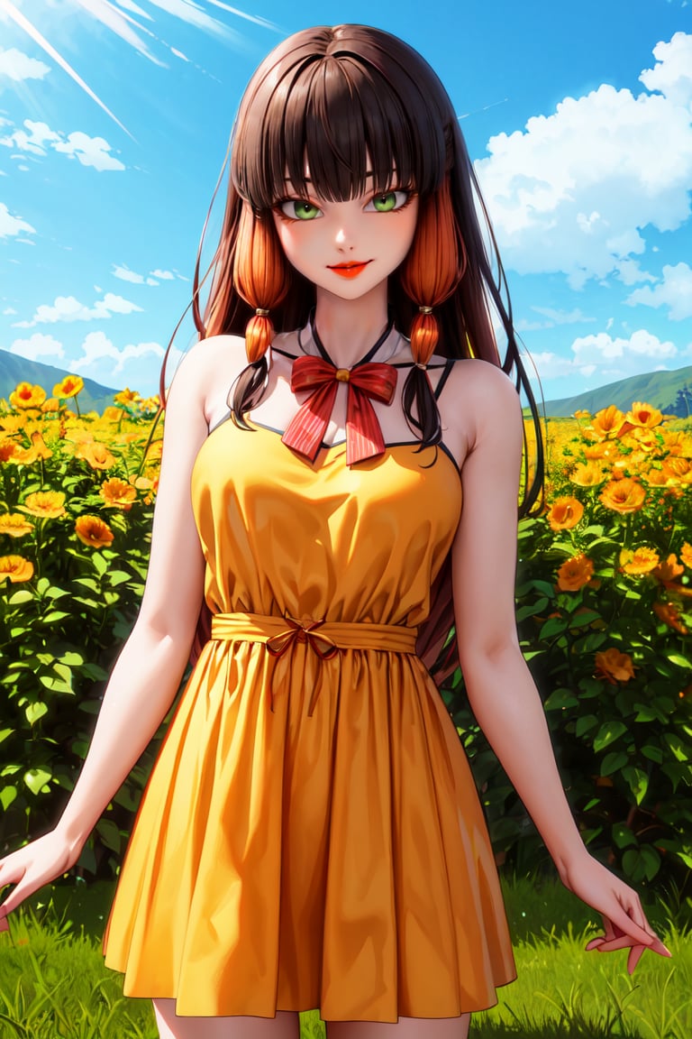 masterpiece, best quality, highres, realistic, 3d, solo, lilavolpina, green eyes, fringe, long hair, black hair, orange hair, multicolored hair, bangs, no mask, lipstick, yellow sundress, bow, <lora:Lila_Rosi:0.8>, looking at viewer, light smile, flower garden, outdoors, cowboy shot, <lora:add_detail:0.5> 