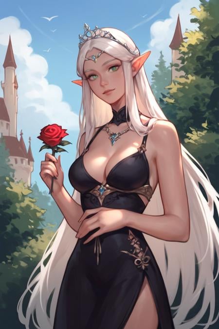 score_9, score_8_up, score_7_up, rating_safe, 1girl, solo, elf, pointy ears, breasts, long hair, very long hair, white hair, green eyes, portrait, looking at viewer, black dress, tiara, silver tiara, holding, holding flower, rose, red rose, necklace, jewelry, cowboy shot, standing, outdoors, castle <lora:Smooth Style LoRA XL:0.7>