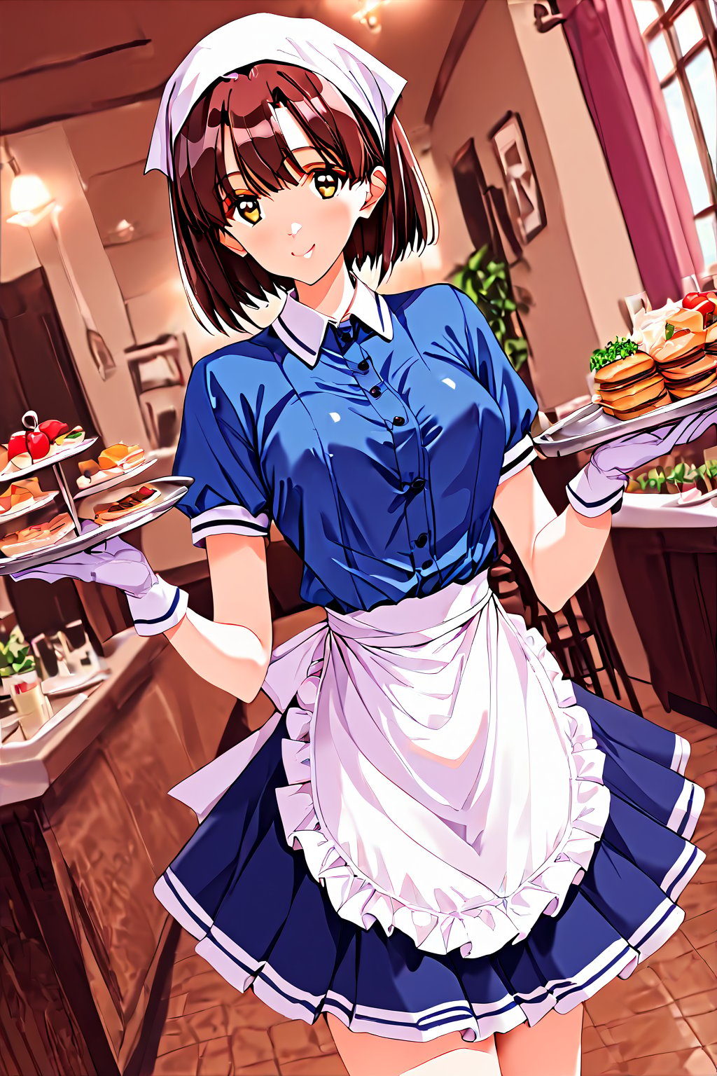 satou nozomi,1girl, solo, smile, apron, blue shirt, blue skirt, frilled apron, frills, gloves, head scarf, shirt, short sleeves, skirt, uniform, waist apron, waitress, white apron, white gloves, food, tray, food tray, indoors, restaurant, looking at viewer, dutch angle,masterpiece, perfect face, best quality, beautiful girl, cute girl, beautiful eyes, shiny eyes, anime coloring, anime screencap, absurdres, award winning, <lora:satou nozomi kohaku:0.8>