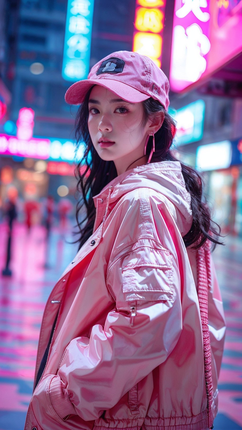 sdmai，fenfen, neon lights, baseball cap, hat, long hair, 1girl, looking at viewer, realistic, outdoors, blurry background, solo focus, blurry, hood, jewelry, parted lips, earrings, stuffed toy, black hair, pink headwear, jacket <lora:SDMAI粉粉fenfen:0.7>