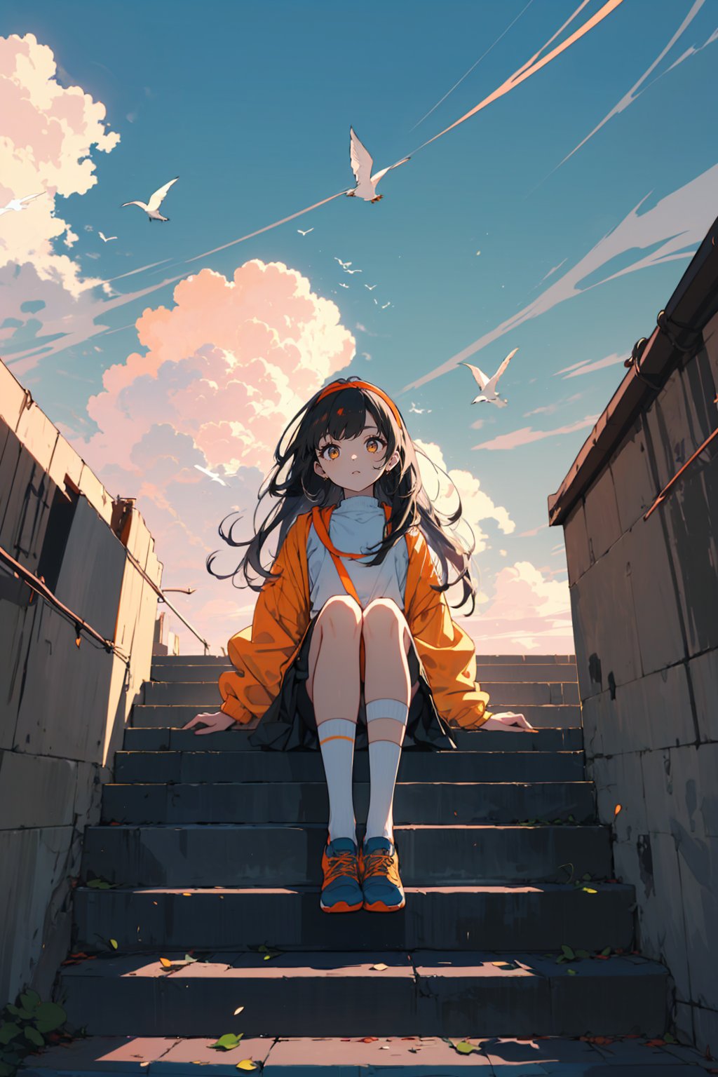 1girl,orange shoes,solo,sitting,sky,clouds,outdoors,black hair,bird,upward view,blue sky,white socks,daytime,orange jacket,building,long sleeves,leaves,long hair,stairs,red headband,pump,Rope,headband,bangs,cloudy,sky,from_below,wide_shot,