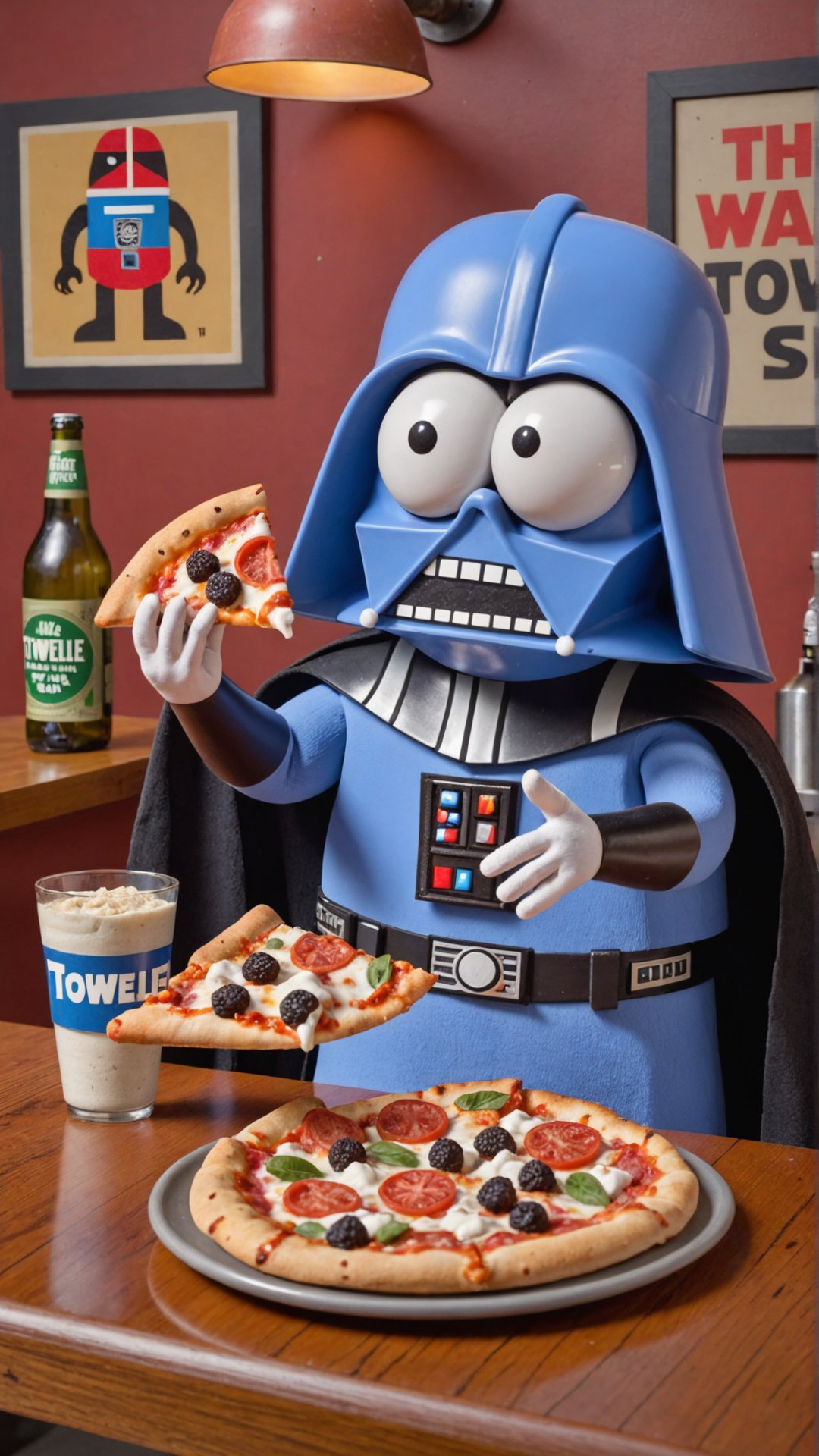 Photo of Towelie as Darth Vader eating pizza at bar <lora:Towelie_v420:0.4>