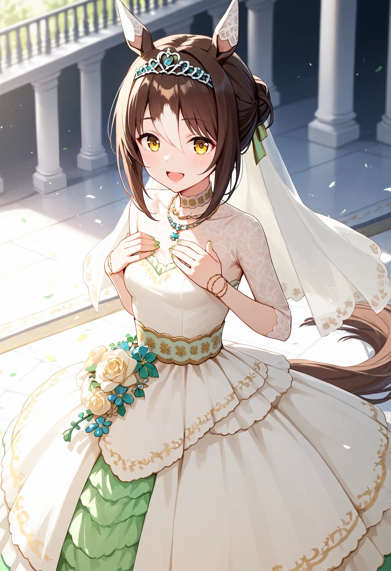 score_9, score_8_up, score_7_up, BREAK, best quality, masterpiece, very aesthetic, ultra detailed,very detailed background,,zPDXL3,FIne_M,FM_Titania, 1girl, solo, horse ears, horse tail, brown hair, ,yellow eye,dress, jewelry, collarbone, tiara, green nails,high heels,necklace, hair bun,bridal veil,<lyco:Fine_M-ponyXL_locon:1>hands on chest,waving,happy