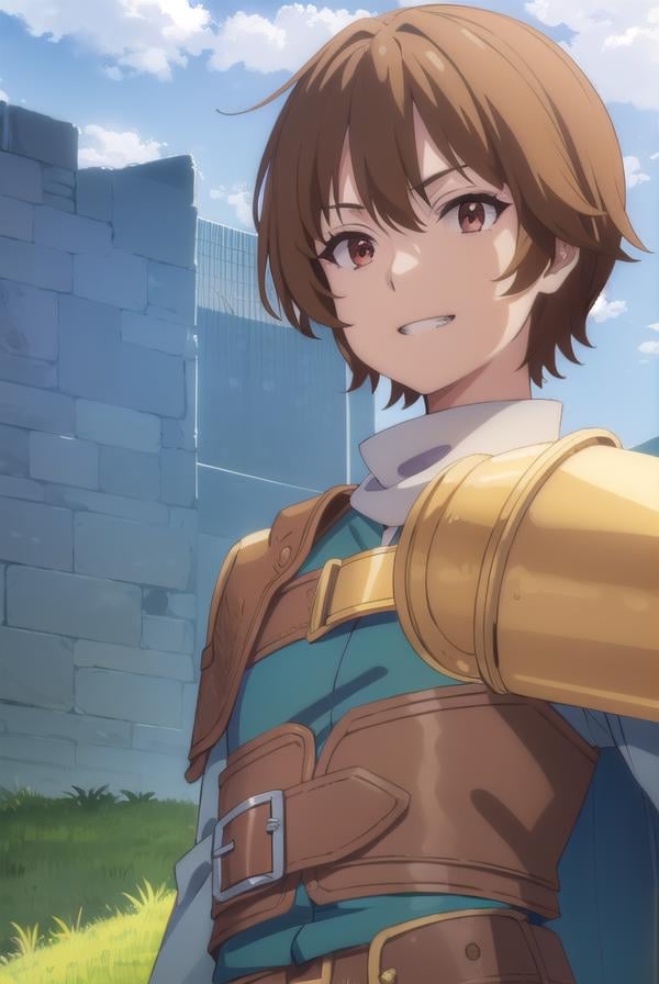 keyaru, <lora:keyaru s1-lora-nochekaiser:1>,keyaru, short hair, (brown eyes:1.5), brown hair, male focus, smile, grin,BREAK cape, armor,BREAK outdoors, forest, nature, grass, trees, sun, sky, clouds,BREAK looking at viewer, (cowboy shot:1.5),BREAK <lyco:GoodHands-beta2:1>, (masterpiece:1.2), best quality, high resolution, unity 8k wallpaper, (illustration:0.8), (beautiful detailed eyes:1.6), extremely detailed face, perfect lighting, extremely detailed CG, (perfect hands, perfect anatomy),