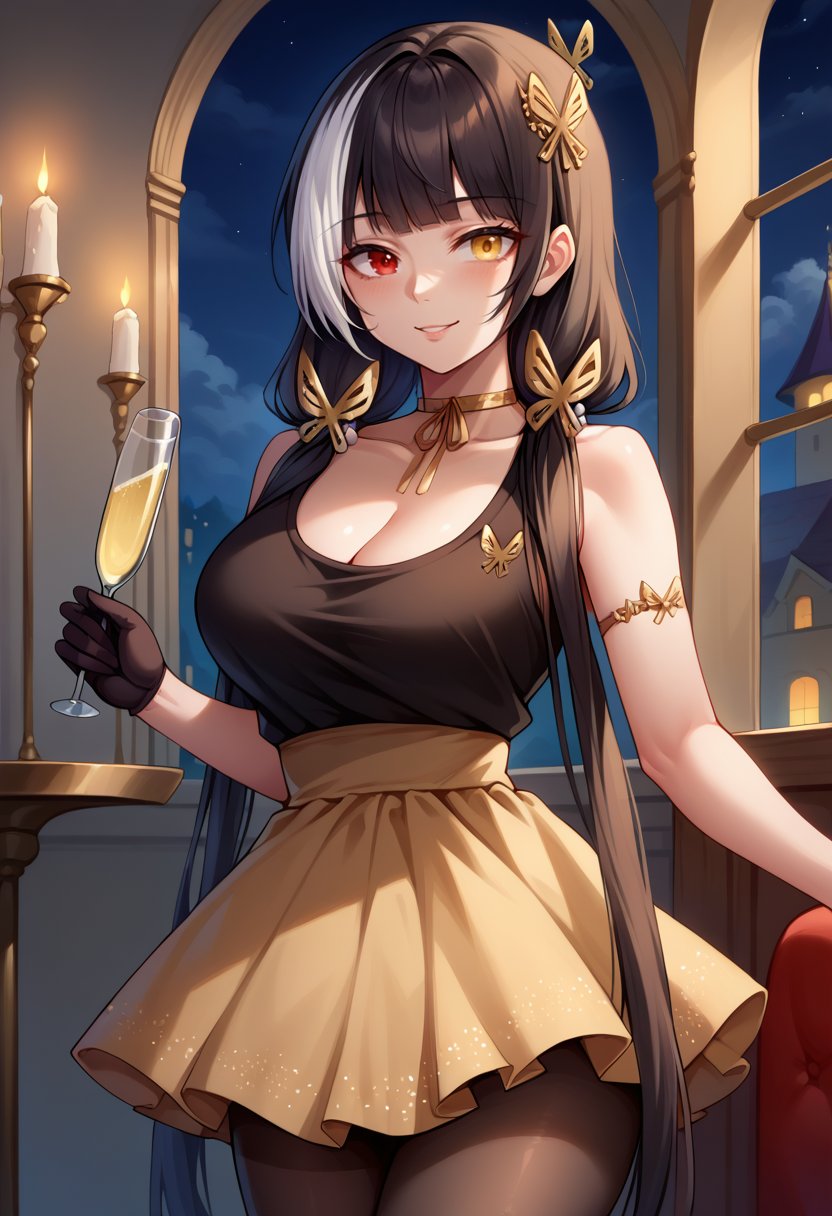 score_9,score_8_up,score_7_up BREAK 1girl,jeloroeotl,solo,standing,night,mansion,indoors,champagne flute,black hair,streaked hair,low twintails,butterfly hair ornament,red eyes,heterochromia,yellow eyes,choker,black tank top,armlet,half gloves,yellow skirt,layered skirt,pantyhose,looking at viewer,seductive smile,<lora:Ro635-JeloXL-000007:1>,