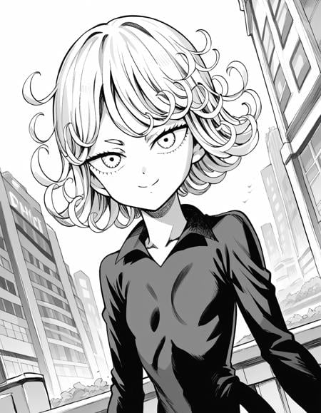 score_9, score_8_up, score_7_up, source_anime,tatsumaki, <lora:opm-tatsumaki-manga-ponyxl-lora-nochekaiser:1>,tatsumaki, short hair, curly hair, monochrome, greyscale,long sleeves, dress,outdoors, cityscape, smile,looking at viewer, cowboy shot, solo, dutch angle,