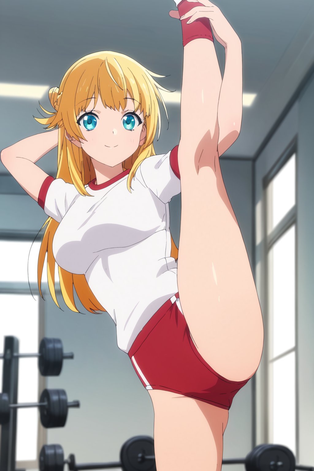 score_9, score_8_up, score_7_up, score_6_up, score_5_up, score_4_up, source_anime,ritto, single hair bun, 1girl, solo, gym uniform, gym, standing split, looking at viewer, red buruma, short sleeves、masterpiece, perfect face, best quality, beautiful girl, cute girl, beautiful eyes, shiny eyes, anime coloring, anime screencap, absurdres, award winning, <lora:ritto s2 WAI 902:0.8>