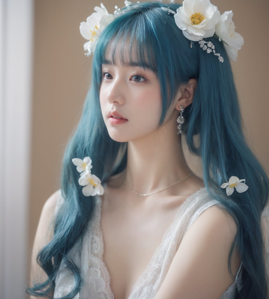 1girl, flower, hair_flower, hair_ornament, earrings, solo, jewelry, hatsune_miku, white_flower, closed_mouth,  <lora:纯欲私房写真摄影:0.7>