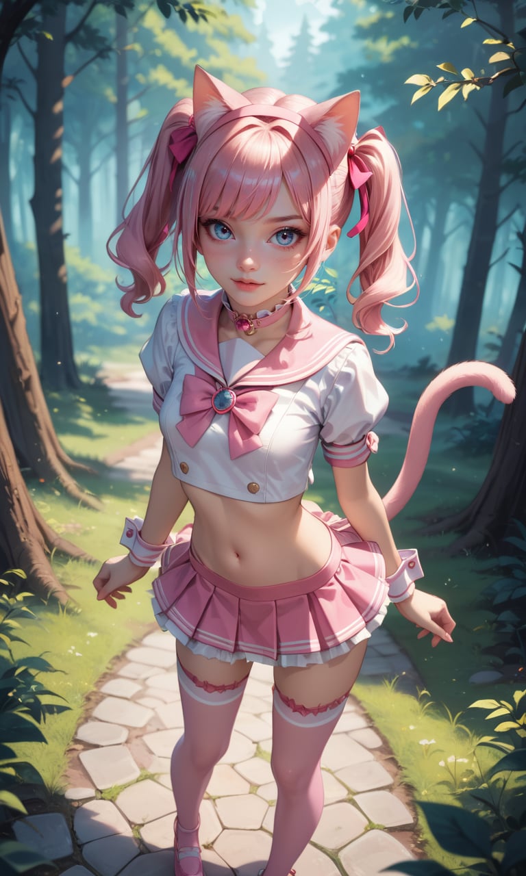 score_9, score_8_up, score_7_up, (cat woman), cat ears, cat's tail, high detailed sailor suit, navel, pink hair ribbon:1.2, hairband, pink thighhighs, pink shoes, wrist cuffs, twintails, gem, frills, (ultra-detailed body), (light smile:0.3), softlight, (forest background), (dynamic angle), seductive, innocent, (depth of field), (fine textures details)