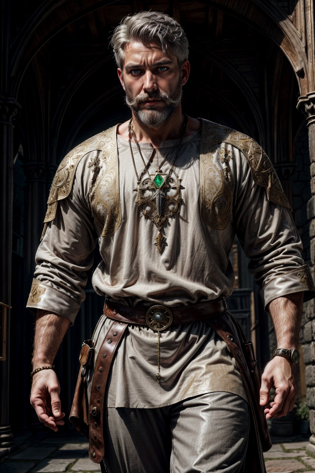 simple background,A 35 year old male,white hair,white mustache with a short white beard. strong,((grey medieval tunic)),brown loose medieval leather pants,adventure boots. Renaissance clothing,Stern look,green eyes,wearing an emerald on a small chain around his neck,cowboy shot,<lora:wowifierV3:0.6>,<lora:more_details:0.7>,holy magic around him,vamptech,<lora:VampiricTech-20:0.7>,