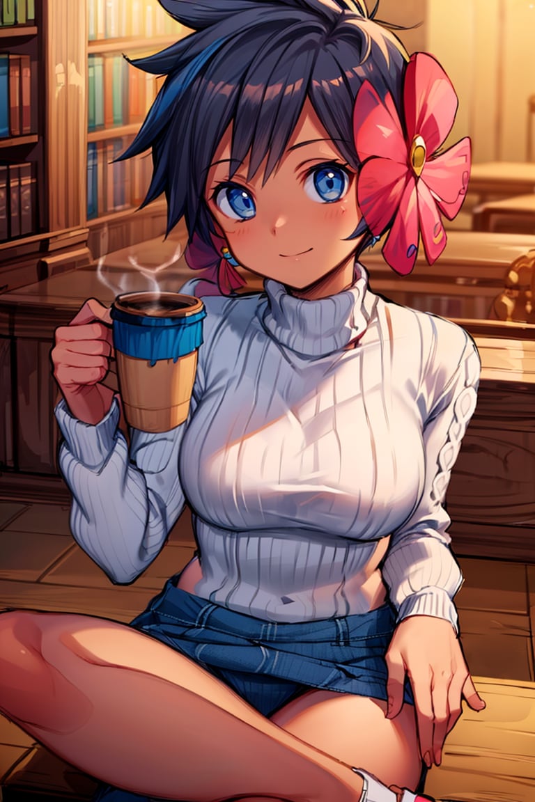 <lora:Bold_CAT:0.4>,  <lora:more_details:0.5>,  ((masterpiece, best quality)), <lora:Phoebe_Pokemon:0.8>, Phoebe_Pokemon,  blue eyes, hair flower, dark skin,  solo, smile, turtleneck sweater, earrings, library, cup of coffee, sitting at tablecowboy shot,