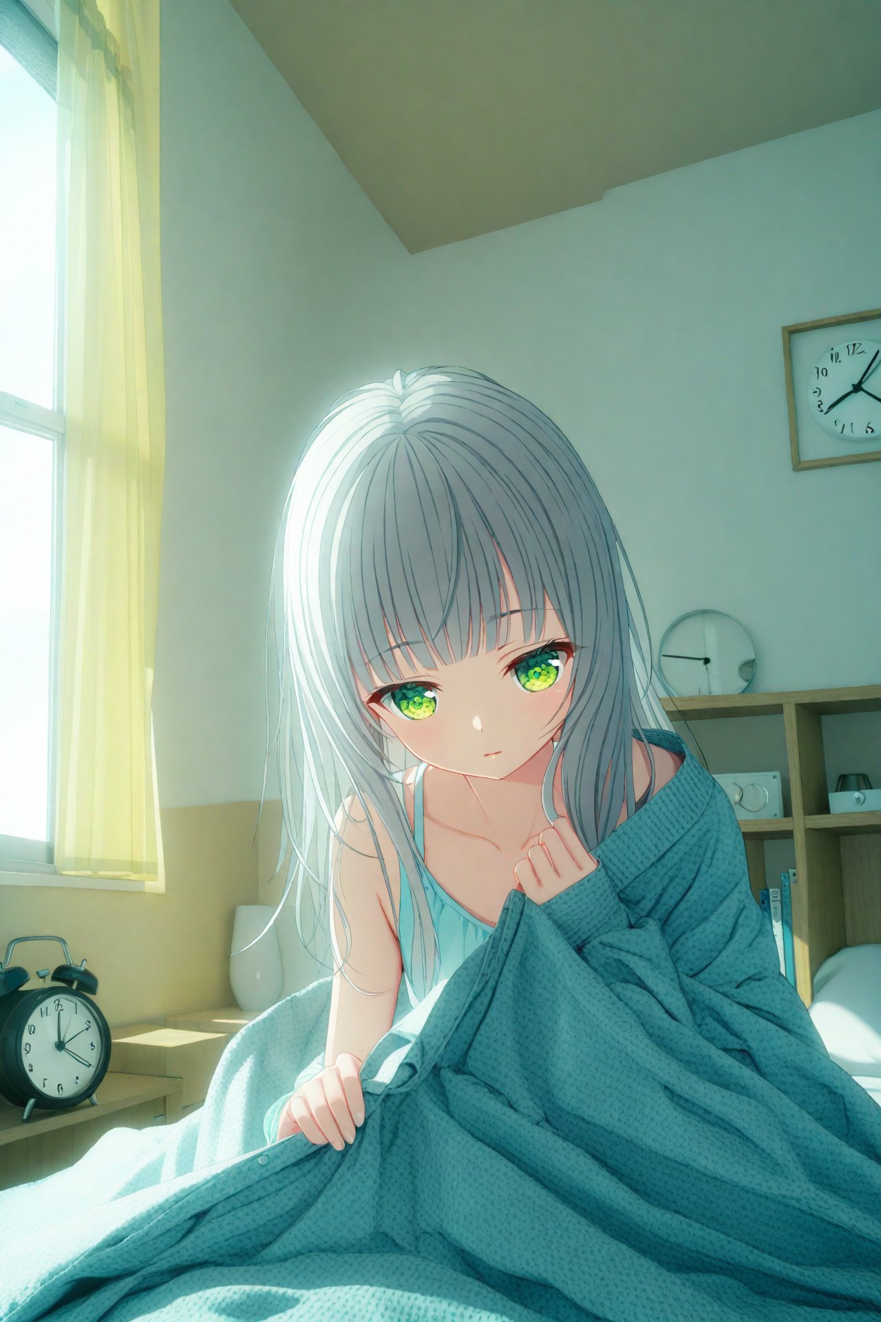 (masterpiece),(best quality),illustration,ultra detailed,hdr,Depth of field,(colorful),loli,1girl,clock,solo,alarm clock,under covers,green eyes,bed,long hair,pillow,indoors,sunlight,curtains,pajamas,grey hair,blanket,window,collarbone,bangs,