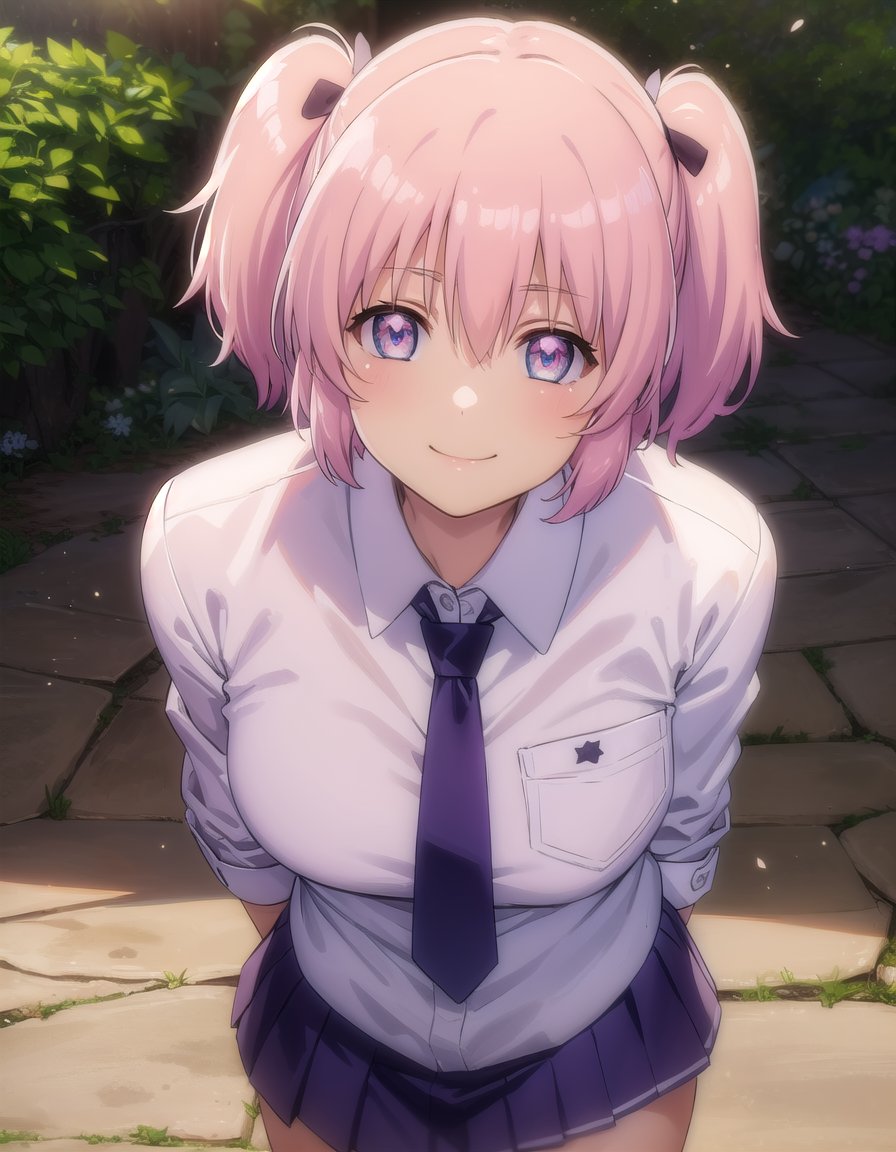 skhibari, <lora:sk hibari s1-lora-nochekaiser:1>,hibari, short hair, bow, twintails, pink hair, hair bow, symbol-shaped pupils, short twintails, blue eyes,BREAK skirt, bow, school uniform, necktie, purple skirt,BREAK outdoors, classroom,BREAK looking at viewer, (cowboy shot:1.5), smile,BREAK <lyco:GoodHands-beta2:1>, (masterpiece:1.2), best quality, high resolution, unity 8k wallpaper, (illustration:0.8), (beautiful detailed eyes:1.6), extremely detailed face, perfect lighting, extremely detailed CG, (perfect hands, perfect anatomy),