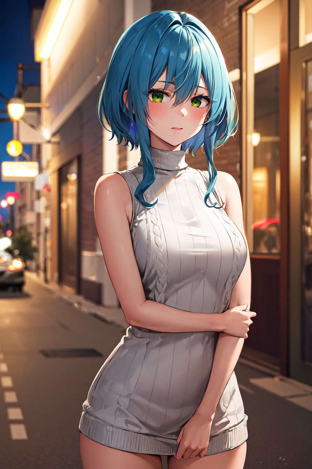 masterpiece, best quality, highres, aavillhaze, short hair, green eyes, breasts, <lora:villhaze_v1:0.7>, sweater dress, turtleneck, sleeveless, night, street, 