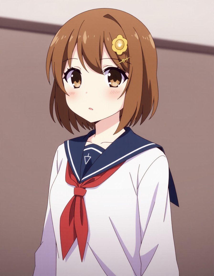 <lora:animestyle_r1:1>finetuneanime, 1girl, school uniform, brown hair, solo, brown eyes, hair ornament, short hair