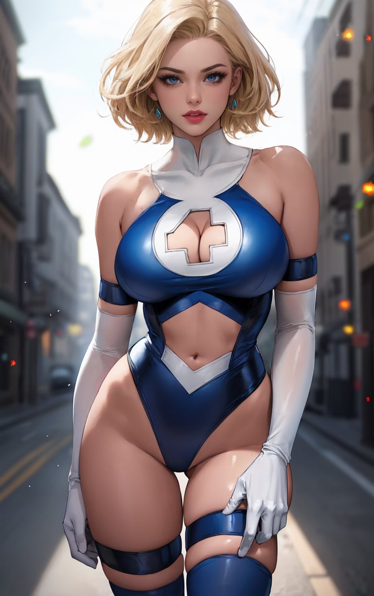 MARVEL_SueStorm_90s_ownwaifu,1girl, blonde hair, blue eyes, short hair, lips, toned, breasts,   large breasts,  makeup, lipstick, cleavage cutout,  clothing cutout, cleavage, leotard, elbow gloves, gloves, navel, thighhighs, blue leotard, white gloves, bare shoulders, navel cutout, white thighhighs, midriff, highleg,  highleg leotard, <lora:MARVEL_SueStorm_90s_ownwaifu:0.65> ,  ((masterpiece)),((best quality)),(highres, absurdres), original, official_art, chromatic_aberration, light_particles, bokeh, bloom, depth_of_field, outdoors, day, looking at viewer, solo, cowboy shot, 