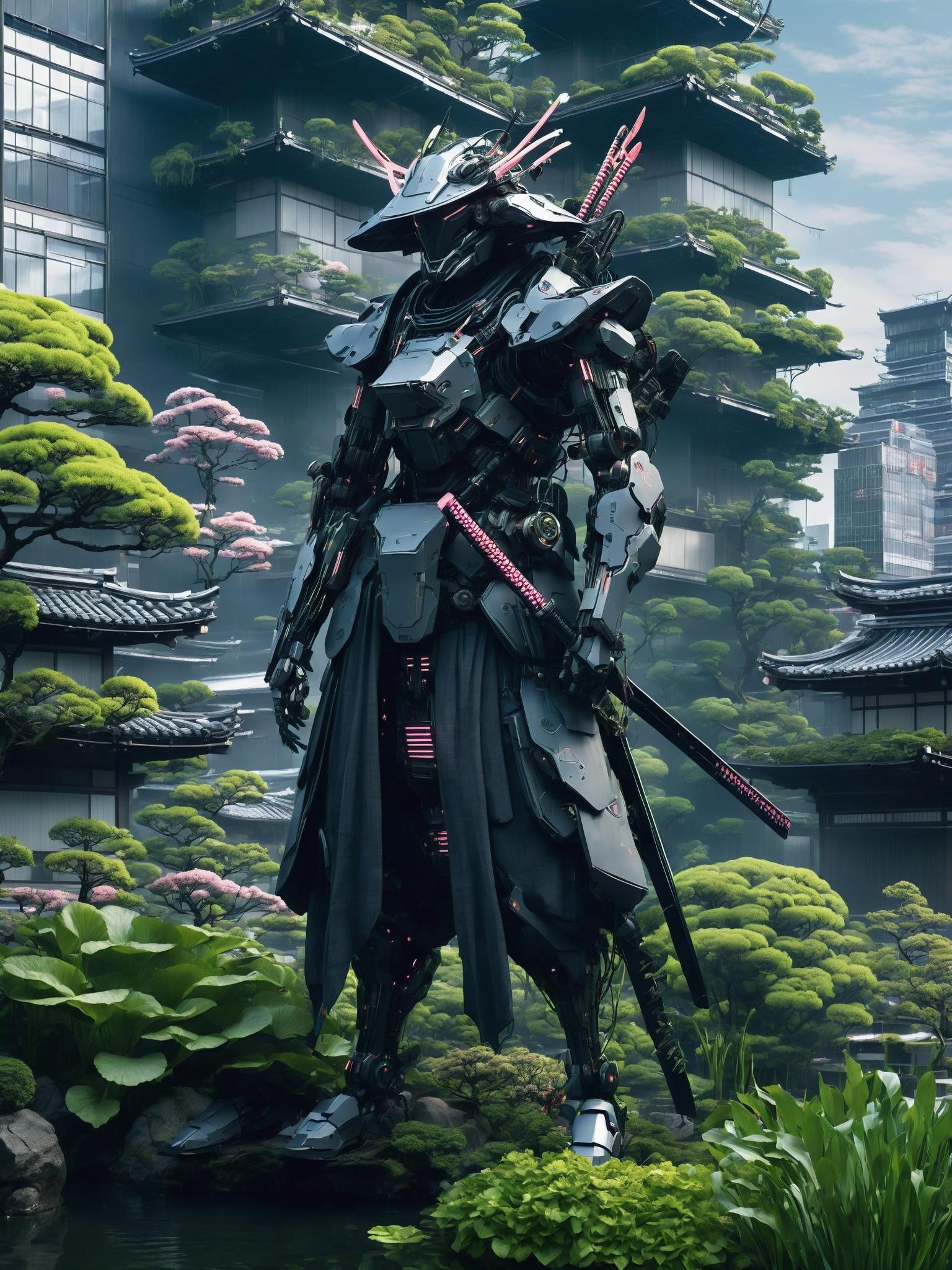 A techno-samurai guards the floating gardens of a cybernetic Kyoto, its skyline a blend of modern skyscrapers and traditional architecture. Adorned in robotic samurai armor, they wield a pulsating energy blade alongside a cybernetic bow, defending the city's floating gardens from corporate intrusions. The gardens, a harmonious blend of cybernetics and nature, represent the resilience of tradition amidst the ever-evolving cyberpunk landscape , <lora:ByteBlade:1>