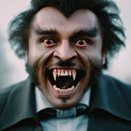 cinematic film still of  <lora:vampire style v2:1> <lora:celluloid film skintone color style:0.3>Black Vampire Blacula a man with a big grin on his face,solo,looking at viewer,open mouth,shirt,1boy,male focus,teeth,blood,parody,formal,portrait,realistic,horror (theme),cinematic,filmic,realistic,movie still,fangs,horror themed,vampire style , detailed, detailed background, detailed scene, detailed teeth, detailed fangs<lora:Blacula style:1>, shallow depth of field, vignette, highly detailed, high budget, bokeh, cinemascope, moody, epic, gorgeous, film grain, grainy