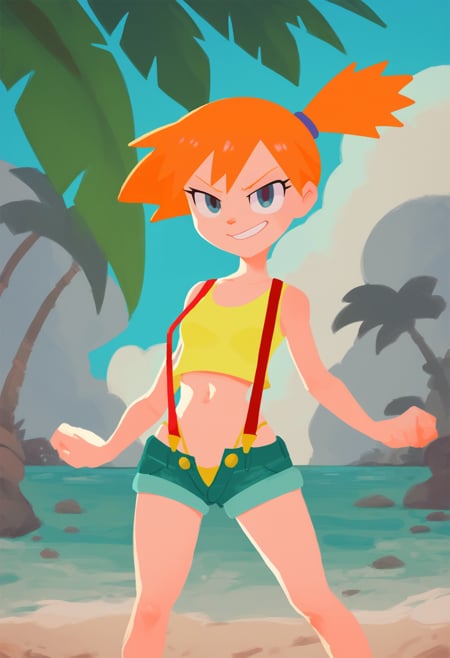 score_9, score_8_up, score_7_up, score_6_up, score_5_up, score_4_up, BREAK,misty \(pokemon\), orange hair, wearing a yellow crop top and a short shorts, thong, suspenders, challenging the viewer, smirk, BREAK, sand, sea, blue sky, tropical island background    <lora:SplatoonXLLocon:1>