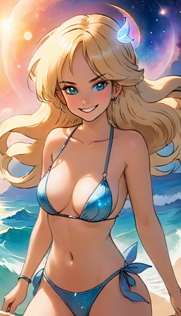 ethereal fantasy concept art of   <lora:lnchDBXL:.95>lnchdb, bikini, smiling, blonde <lora:SexyConiAIv2p:.5> sexy . magnificent, celestial, ethereal, painterly, epic, majestic, magical, fantasy art, cover art, dreamy