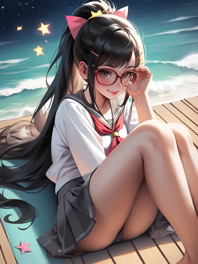 <lora:xl_kelala_pony_ceshi(pony)-000005:1>,Korean style,1girl, long hair, school uniform, glasses, barefoot, solo, skirt, serafuku, lying, smile, red-framed eyewear, on stomach, reflection, pleated skirt, hair ornament, semi-rimless eyewear, black hair, long sleeves, looking at viewer, soles, red neckwear, feet, under-rim eyewear, shooting star, hairclip, eyebrows visible through hair, star \(symbol\), neckerchief, grey skirt, shirt, white shirt, bangs, brown eyes, closed mouth, sailor collar, ripples, bare legs, star \(sky\), water, very long hair, brown hair, legs up, meteor shower, toes, the pose, blush, score_9, score_8_up,