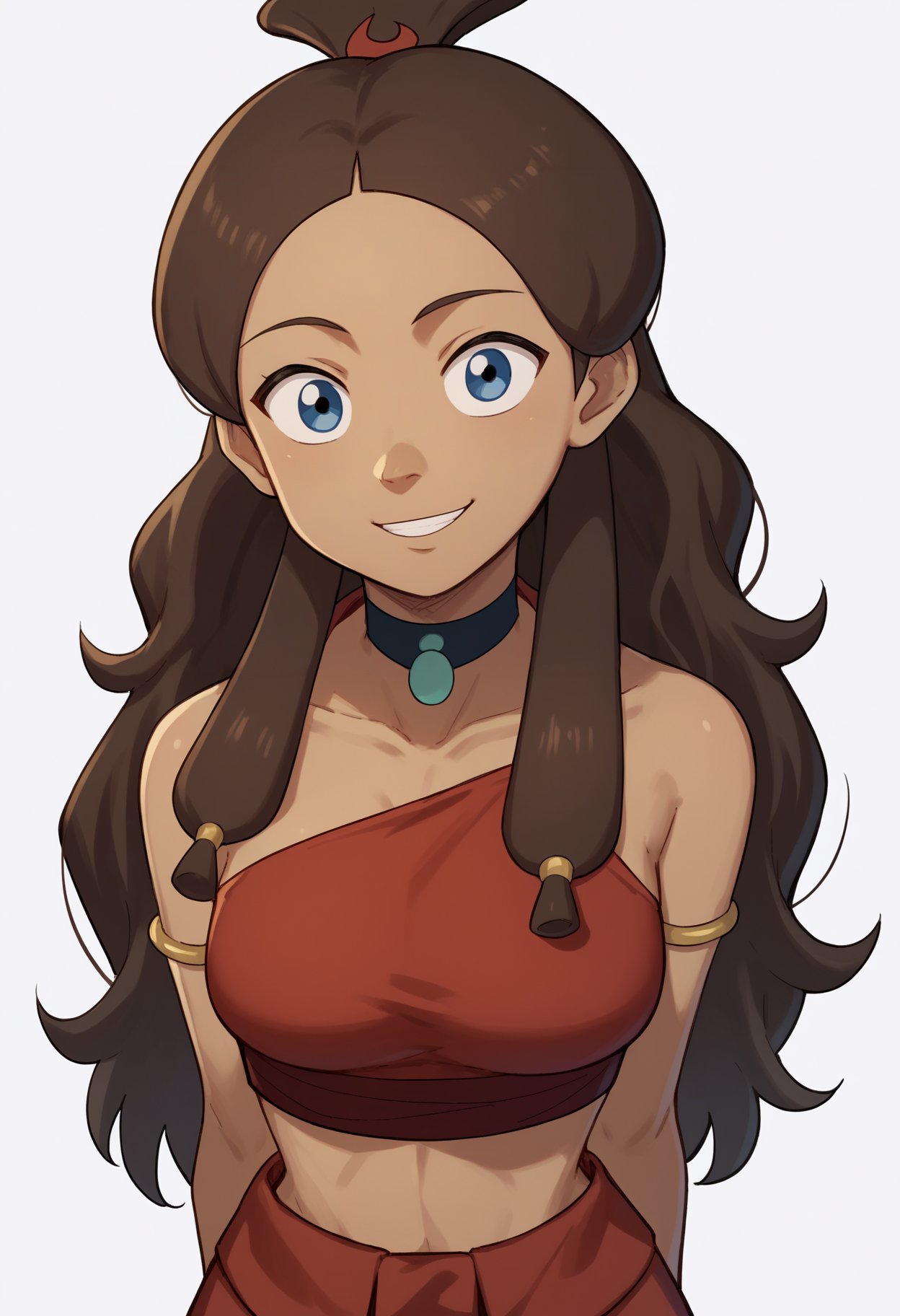 score_9, score_8_up, score_7_up, score_6_up, score_5_up, score_4_up, BREAK, source_anime,1girl, fnkatara,  brown hair, long hair, topknot, blue eyes, armlet, bare shoulders, choker, dark skin, red crop top, red skirt,hands behind back, smile, upper body, looking at viewer, solo, simple background, white background   <lora:KataraXL:1>