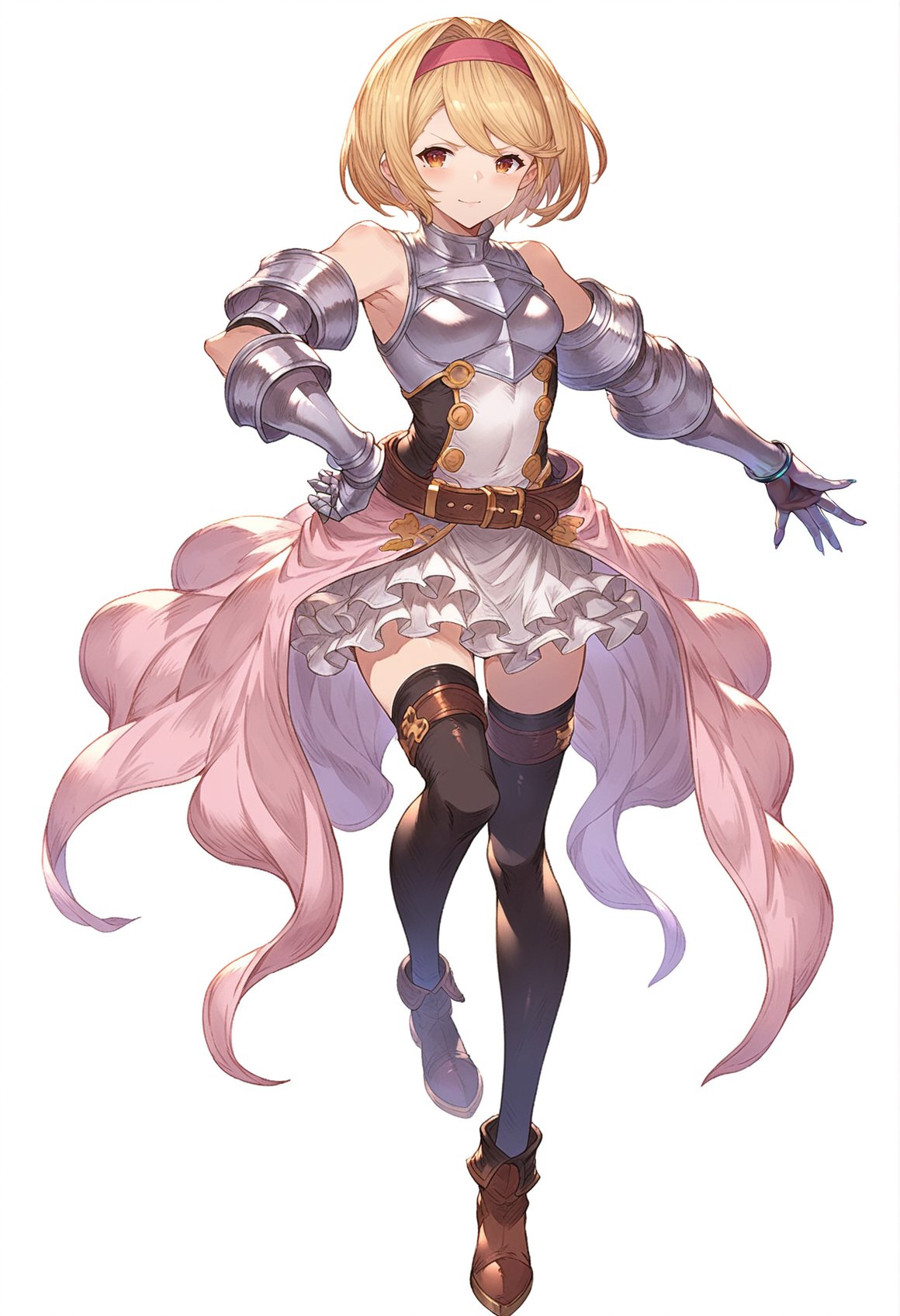 score_9, score_8_up, score_7_up, score_6_up, masterpeice, BREAKsource anime, granblue_fantasy_style_xl, granblue, 1girl, blonde hair, djeeta (granblue fantasy), solo, thighhighs, hairband, silver armor, short hair, boots, gauntlets, brown eyes, sheath, full body, black thighhighs, gloves, skirt, shoulder armor, sheathed, belt, pink hairband, breastplate, zettai ryouiki, hand on own hip<lora:granblue_fantasy_style_pony:1> 