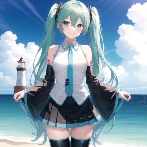 ((masterpiece)),(best quality),official art,extremely detailed CG,unity 8k wallpaper,ultra detailed,A lighthouse on a cliff by the sea,1girl,solo,cowboy shot,hatsune miku,looking at viewer,sleeveless shirt,white shirt,fringe,smile,black thighhighs,hair between eyes,twintails,very long hair,aqua eyes,aqua hair,detached sleeves,miniskirt,aqua necktie,thigh boots,<lora:Hatsune Miku(vocal)>,