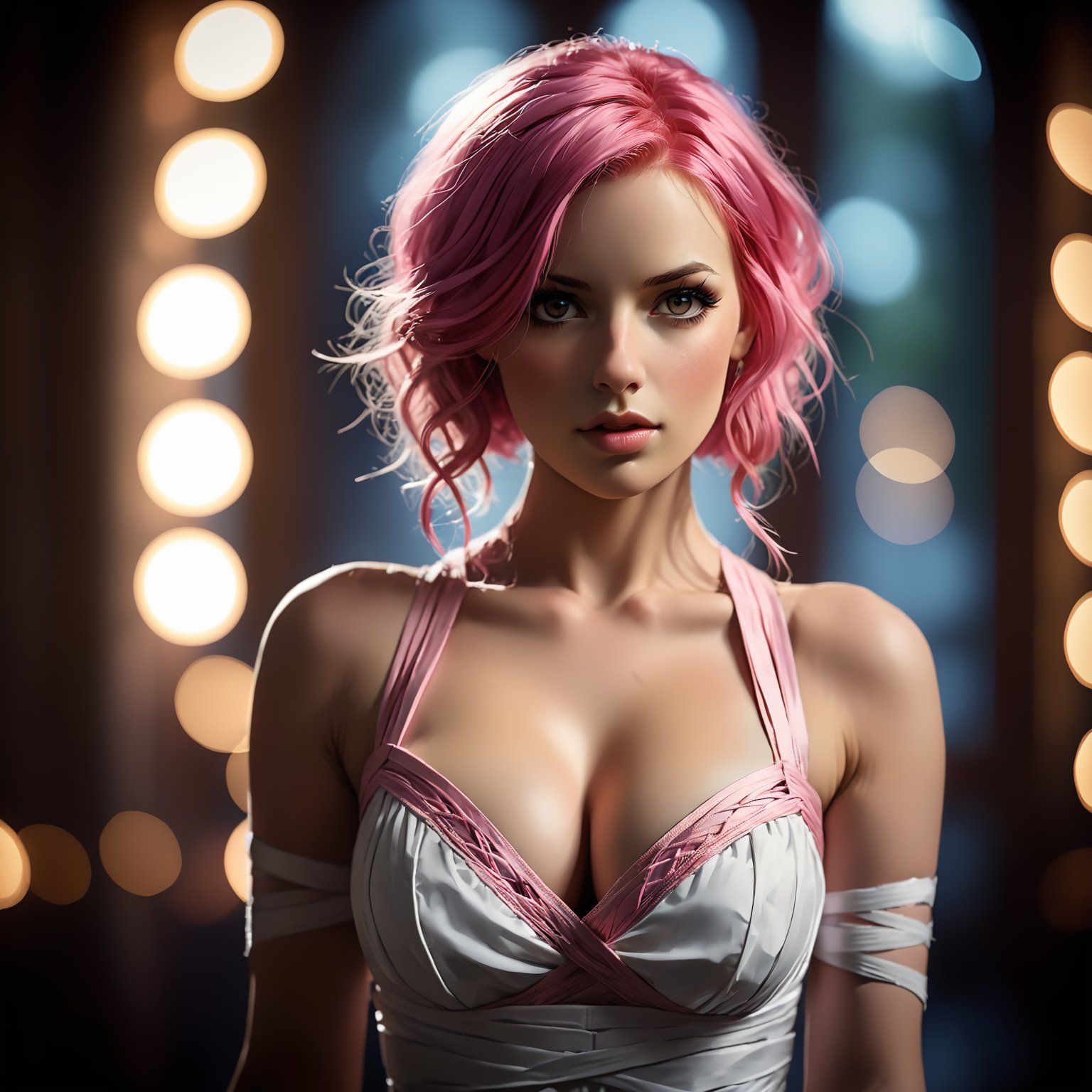 cinematic film still nodf_xl, high quality, German female, pink hair, sexy, cleavage, dress is made of bandage, portrait, dynamic pose, bokeh background, <lora:nodf_xl:1> . shallow depth of field, vignette, highly detailed, high budget, bokeh, cinemascope, moody, epic, gorgeous, film grain, grainy