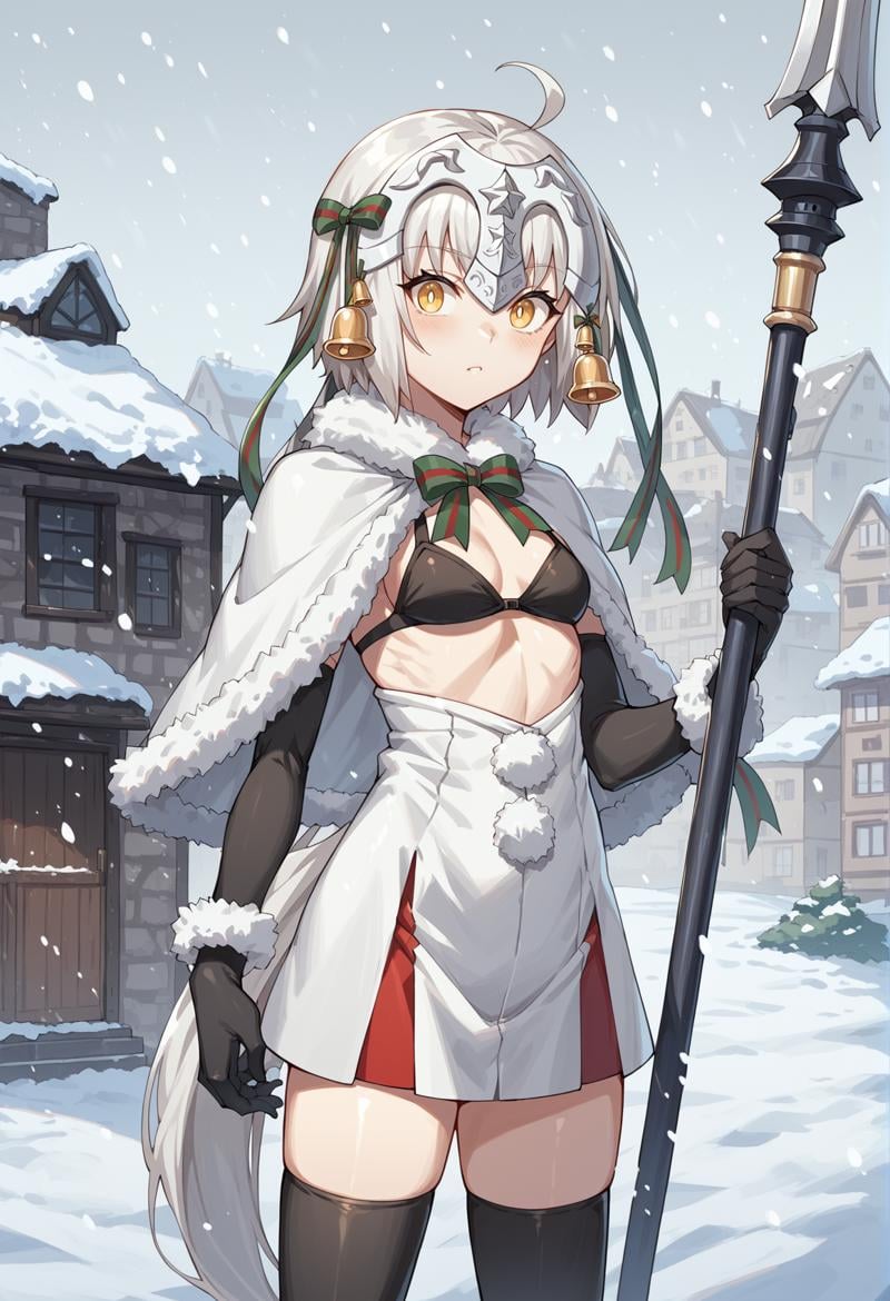 1girl, ahoge, white hair, long hair, low ponytail, yellow eyes, tiara, hair ornament, bell, hair ribbon, black bikini, short dress, center opening, fur trim, fur-trimmed capelet, elbow gloves, Thighhighs, armored boots, standing, outdoors, holding polearm, flag, rooftop, snow, snowing, chimney <lora:santa_lily:1>, score_9, score_8_up, score_7_up, score_6_up, score_5_up, score_4_up, BREAK source_anime, masterpiece