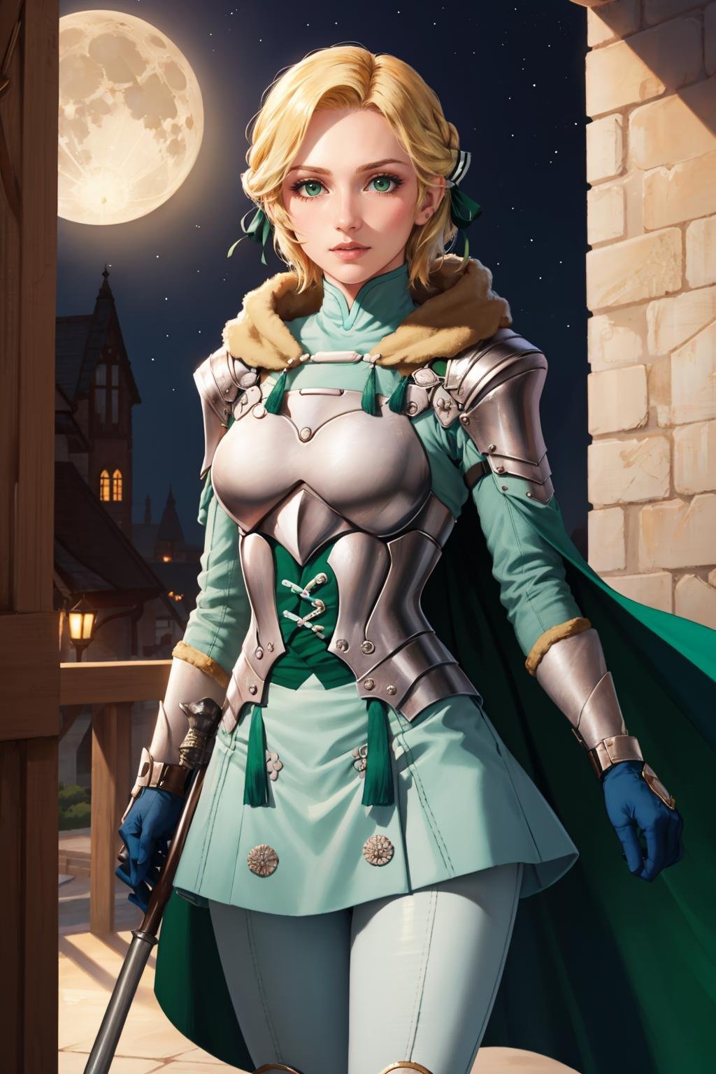 masterpiece, best quality,  <lora:ingrid-nvwls-v2-000009:0.9> waringrid, short hair, hair ribbons, shoulder armor, armor, breastplate, underbust, green coat, fur trim, vambraces, blue gloves, green skirt, white pants, green cape, standing, looking at viewer, night, moon