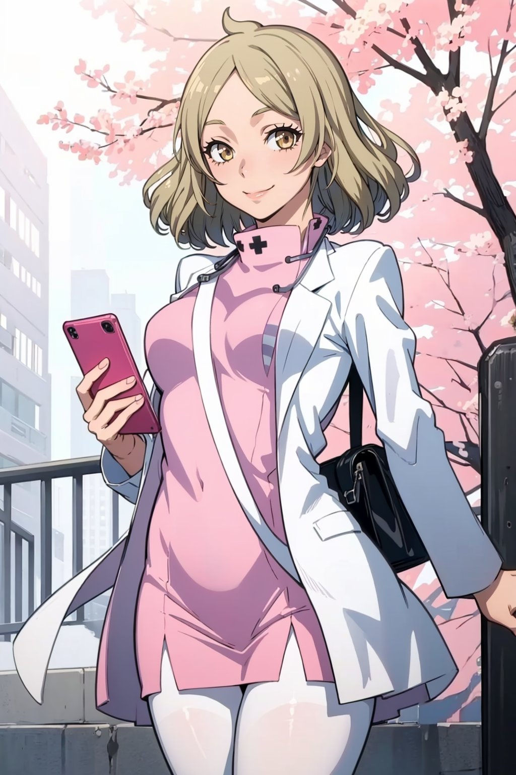 masterpiece, best quality, solo, 1girl, smile, looking at viewer,  <lora:Otome_Fp:1>, otomedesu2, nurse, labcoat, pantyhose, park, cellphone, 