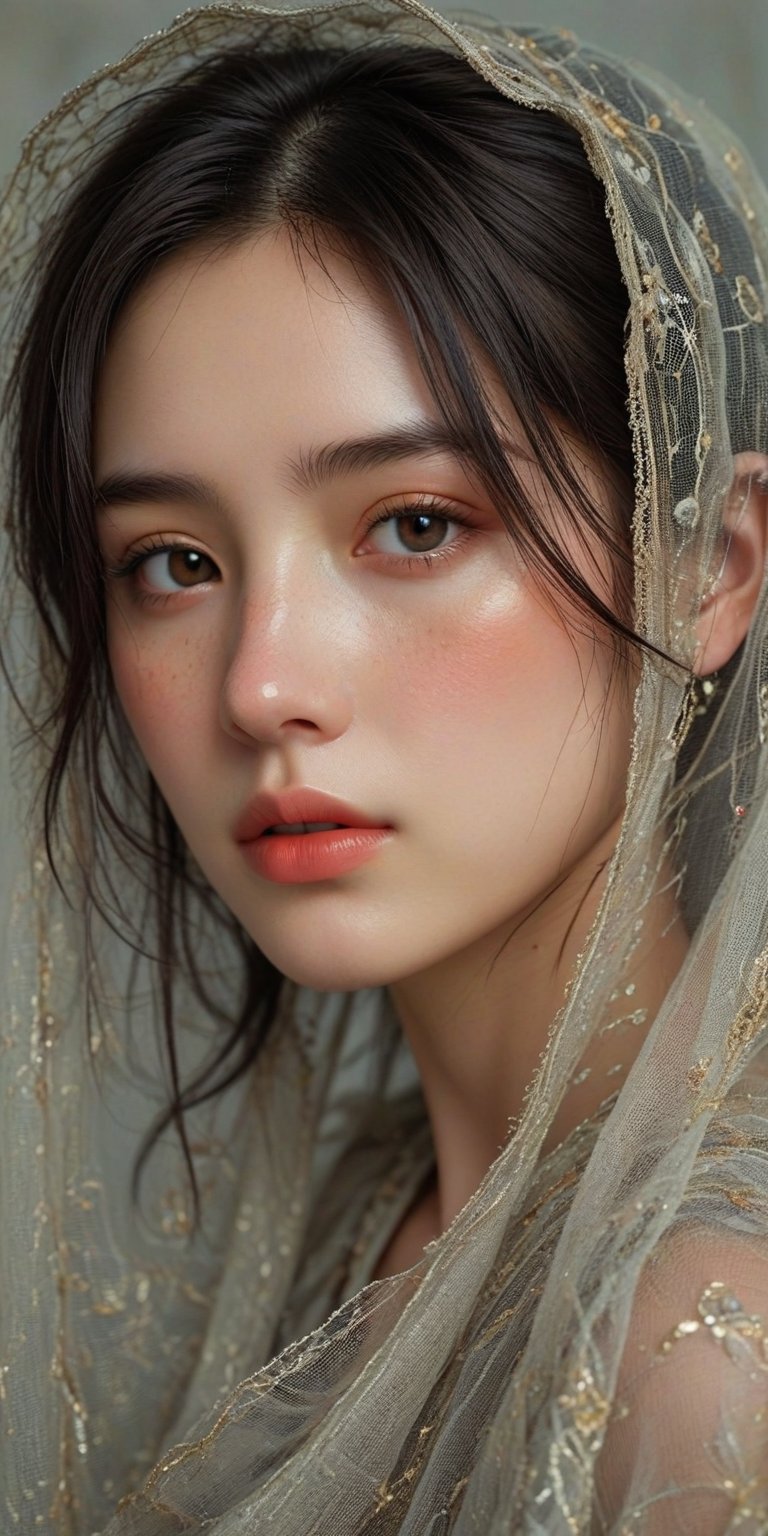 The image showcases a close-up portrait of a young woman with an ethereal appearance. She possesses long,dark hair that cascades down her shoulders and is adorned with what seems to be a sheer scarf or veil blending into the background. Her complexion is impeccable,complemented by subtle makeup featuring earthy tones on her eyelids and a soft peach hue on her lips. She rests her face gently in her hand,exuding serenity and poise.,