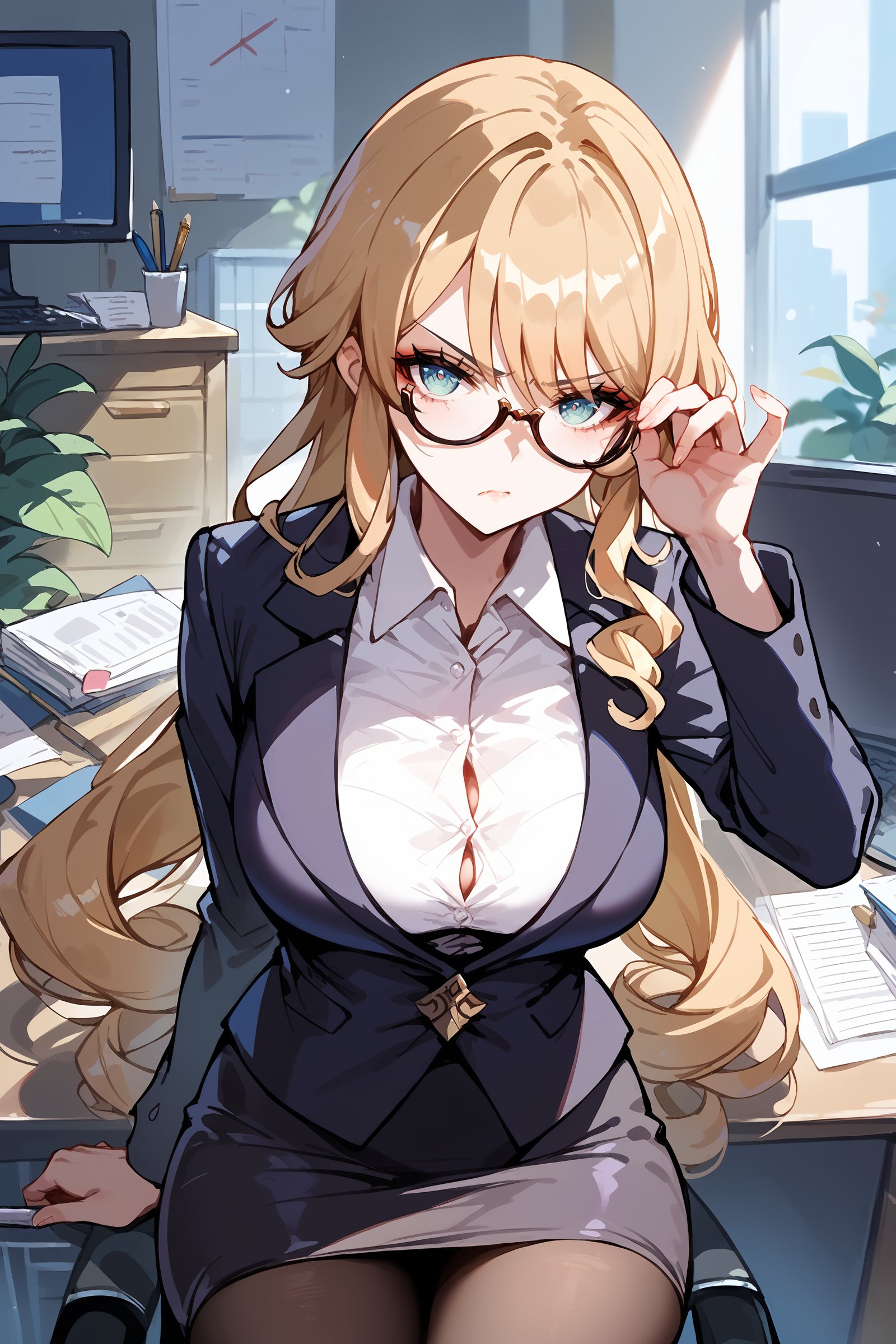score_9, score_8_up, score_7_up, 1girl, navia \(genshin impact\), solo, office lady, white collared shirt, pencil skirt, pantyhose, glasses, glaring, looking at viewer, hand on eyewear, office, indoors, depth of field <lora:Char-Genshin-Navia-Pony-V1:0.9>