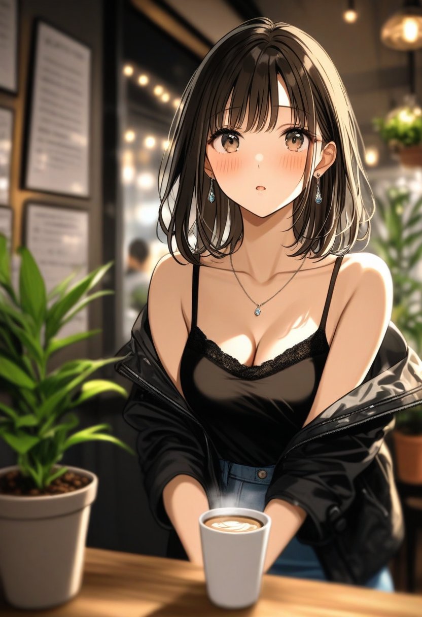 <lora:BLE 0.5v:1>, BLE,1girl, long hair, breasts, looking at viewer, blush, open mouth, shirt, skirt, brown hair, black hair, cleavage, jewelry, bare shoulders, brown eyes, jacket, collarbone, earrings, parted lips, solo focus, indoors, medium hair, off shoulder, necklace, blurry, black jacket, cup, blurry background, night, depth of field, plant, camisole, potted plant, coffee, cafe, 