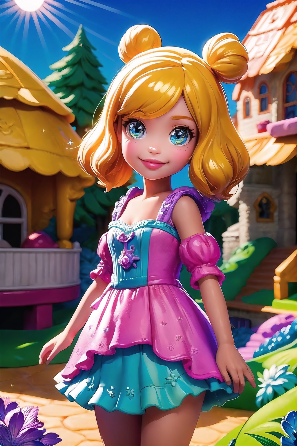 (masterpiece, best quality:1.3), 8k resolution, digital illustration, thick lineart, p0lly, 3d, toy, original, ultra-detailed portrait, cowboy shot, 1girl, minigirl, polly pocket, photoreal, blonde hair, garden, outdoors, sunlight, looking at viewer, smile, (dynamic), stylish, (shiny:1.1) fashion, drinking, holding stuffed animal, (deep depth of field), cute, miniature, depth, glitter, extremely detailed, (intricate details), perfect face, finely detailed face, detailed eyes, volumetric, perfect composition,volumetric lighting, soft lighting,traditional media,cara,sweetscape<lora:EMS-363895-EMS:1.200000>, <lora:EMS-179-EMS:0.300000>, <lora:EMS-32692-EMS:0.600000>