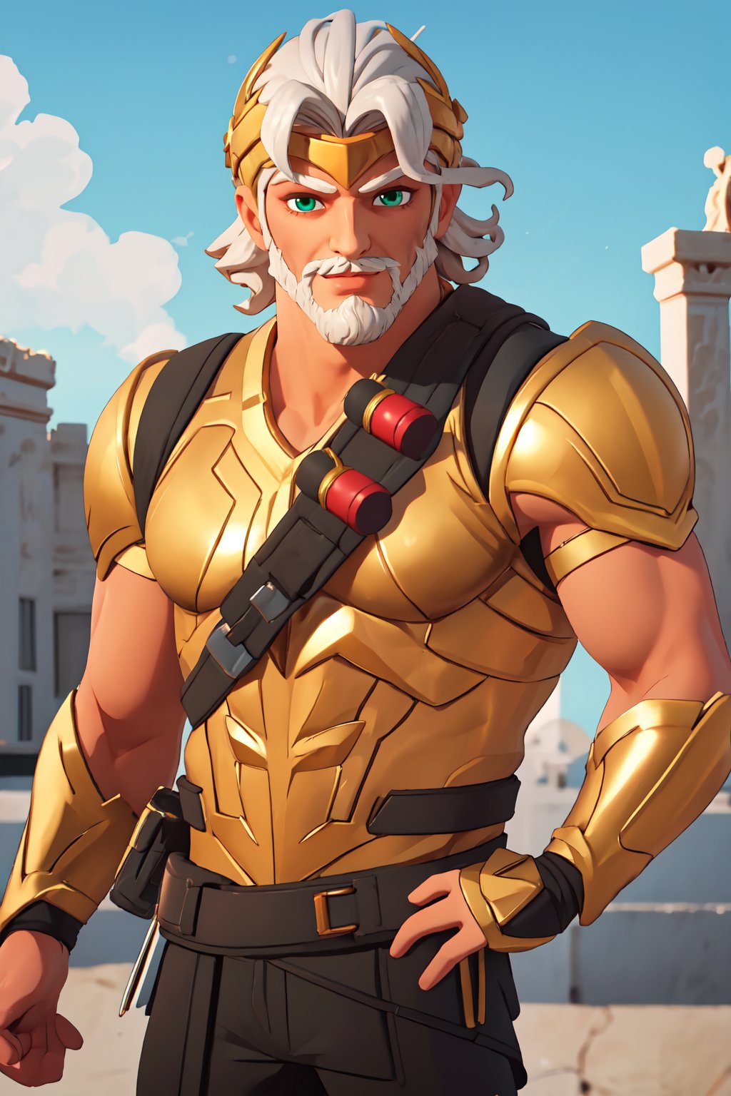 zeusfortniteV1, 1boy , mature male, looking at viewer,  white skin, white hair, green eyes, beard, mustache, male focus, facial hair, muscle,   <lora:zeusfortnite-09:0.5>, golden armor, shotgun shell bandolier,  grecia, sunlight,, masterpiece, 4k, high quality, highres, absurdres,