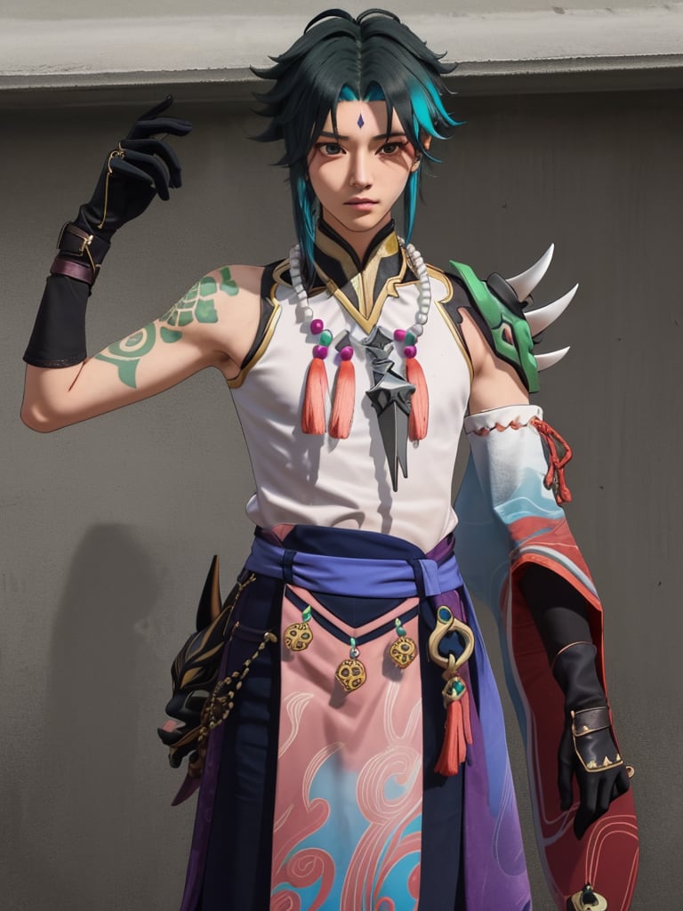 xiao (genshin impact),beads,gloves,bead necklace,1boy,necklace,jewelry,male focusforehead mark,tassel,asymmetrical clothes,solo,black gloves,ahoge,detached sleeves,arm guards,shoulder spikes,bangs,parted bangs,single detached sleeve,two-tone hair,green gloves,right arm tattoo,his left shoulder was covered with a spiked shoulder armor,black and green gradient hair,waist pendant,he wore a mask around his waist,standing in fire,