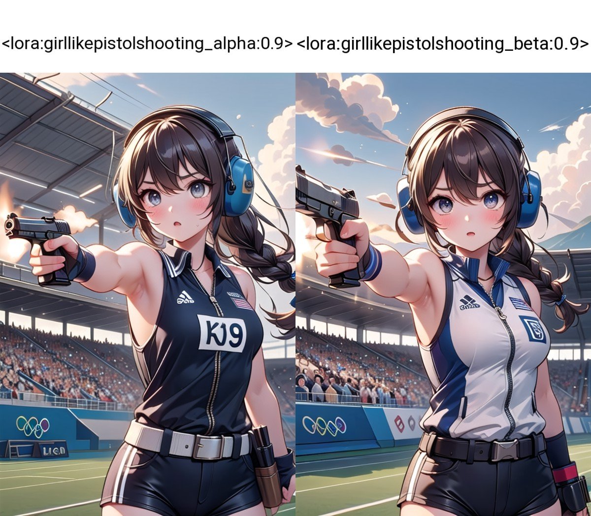 (((masterpiece))), (((best quality))), ((pistol shooting)), (holding air handgun), muzzle flash, aiming at target, aiming at viewer, firing, player uniform, sleeveless, sports shorts, ear defenders, fingerless gloves, open-air range, olympic games venue, sky, wind, steam, sweat, shadow, 1girl, ribbon, brown hair, braid, big tits, stnading, facing viewer,  <lora:girllikepistolshooting_alpha:0.9>