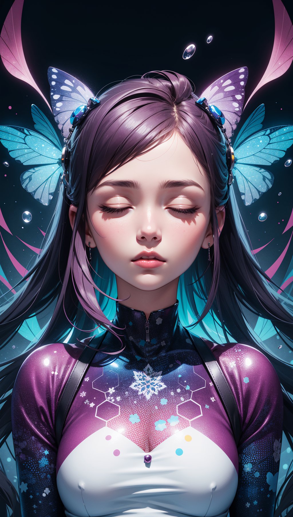 masterpiece,best quality,1girl,closed eyes,upper body,splashing,abstract,psychedelic,neon,(honeycomb pattern),(creative:1.3),sy3,SMM,fantasy00d,