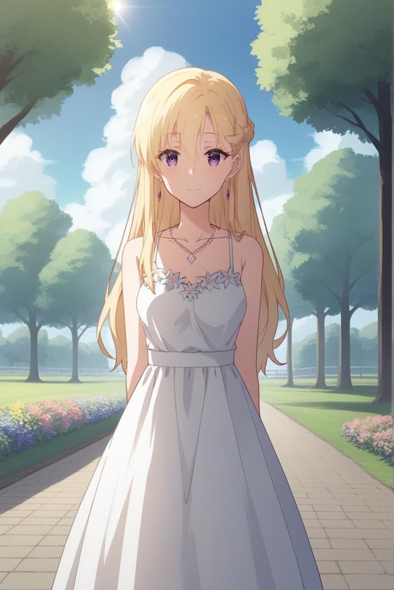 score_9, score_8_up, score_7_up, score_6_up, score_5_up, score_4_up, BREAK source_anime, 1girl, solo,<lora:AyaseSakiXL-v1-07:0.7>, ChopioAyase, long hair, blonde hair, shiny hair, hair between eyes, purple eyes, highly detailed eyes, looking at viewer, long hair, half updo, braid, [small breasts : medium breasts: 10],earrings, necklace,sun dress, floral print, bare shoulders,outdoors, park, grass, flowers, blue sky, clouds,standing, smile, arms behind back, see-through silhouette,