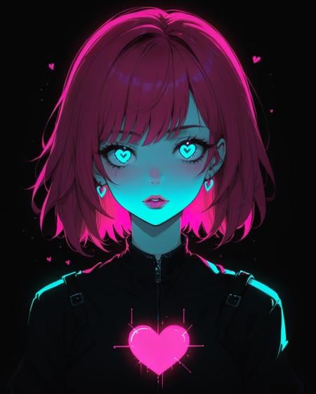 <lora:g0th1cXL:0.75> g0th1cxl, goth, woman, pink hair, neon, glowing, glitchcore, cyan, hearts, upper body, 