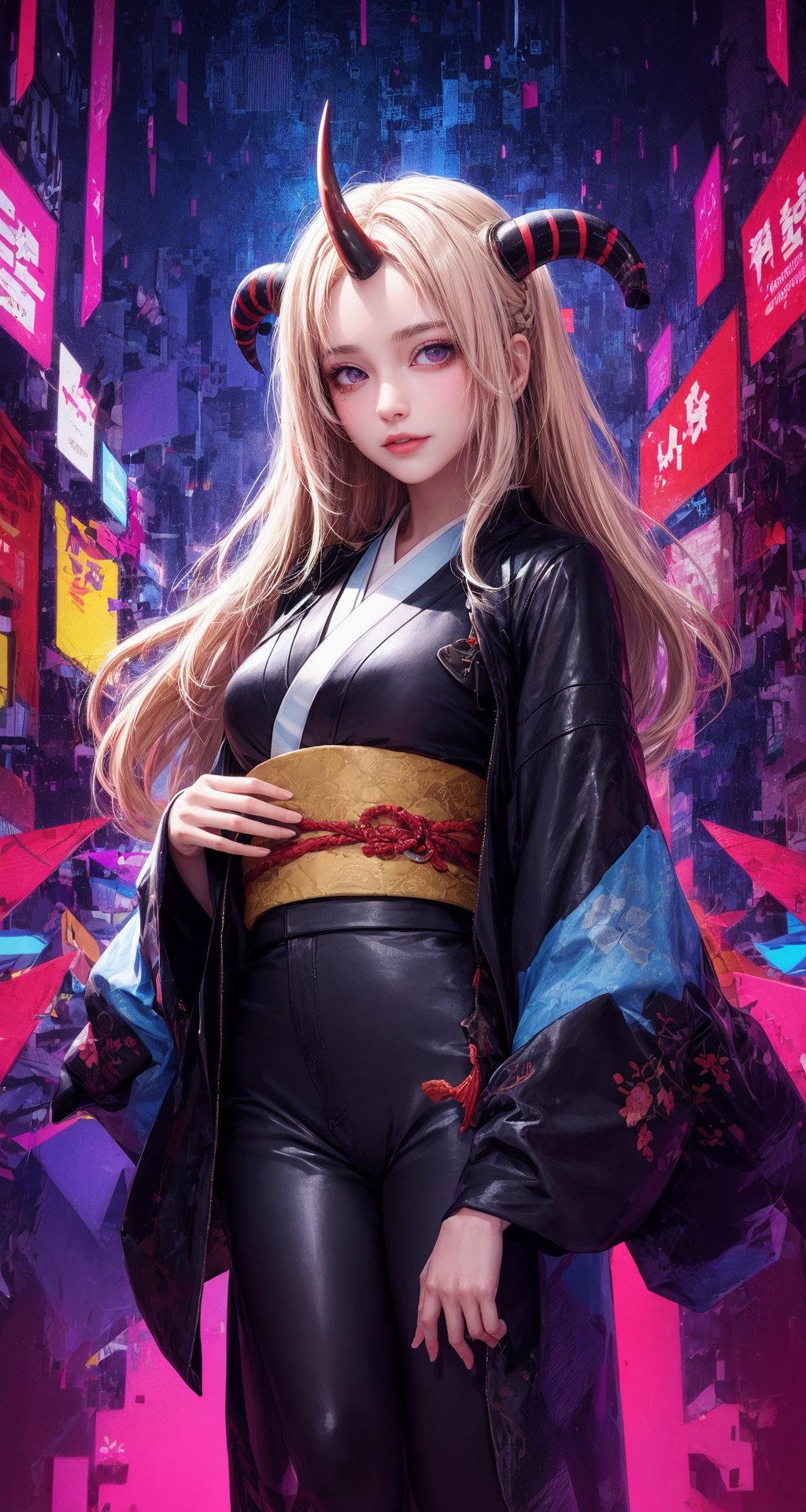 absurdres,highres,high quality,ultra detailed,official art,fisheye,upper shot,(glitch art:1.5),1woman,solo,beautiful face,oni horns,blonde and red (streaked hair:1.2),highlights hair,long hair,evil smile,glowing eyes,leather pants,(kimono:1.3),(jacket:1.1),<lora:add_detail:0.8>,forehead mark,psychological struggle,rule of thirds,color conflict,alternative perspective,