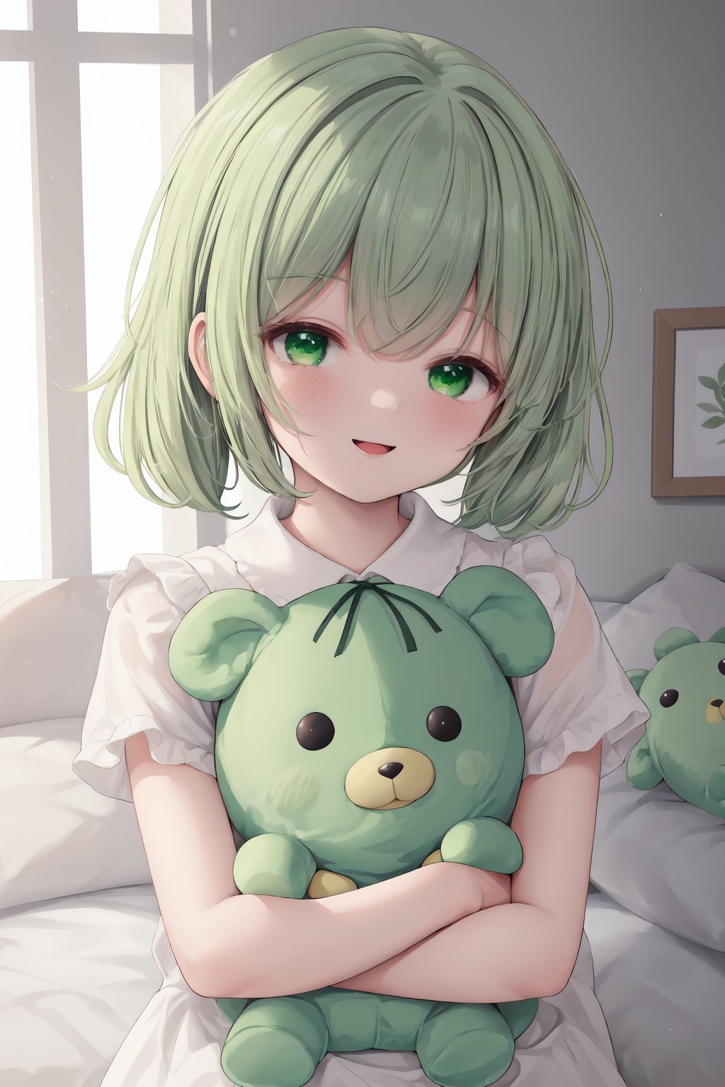 (stuffed toy:1.3),smile,(ultra detailed perfect piece:1.2),illustration,masterpiece,(extremely detailed CG 8k),(very fine 8K CG),(1girl:1.2),short hair,twin tails,swept bangs,(light green hair:1.2),(tareme:1.2),